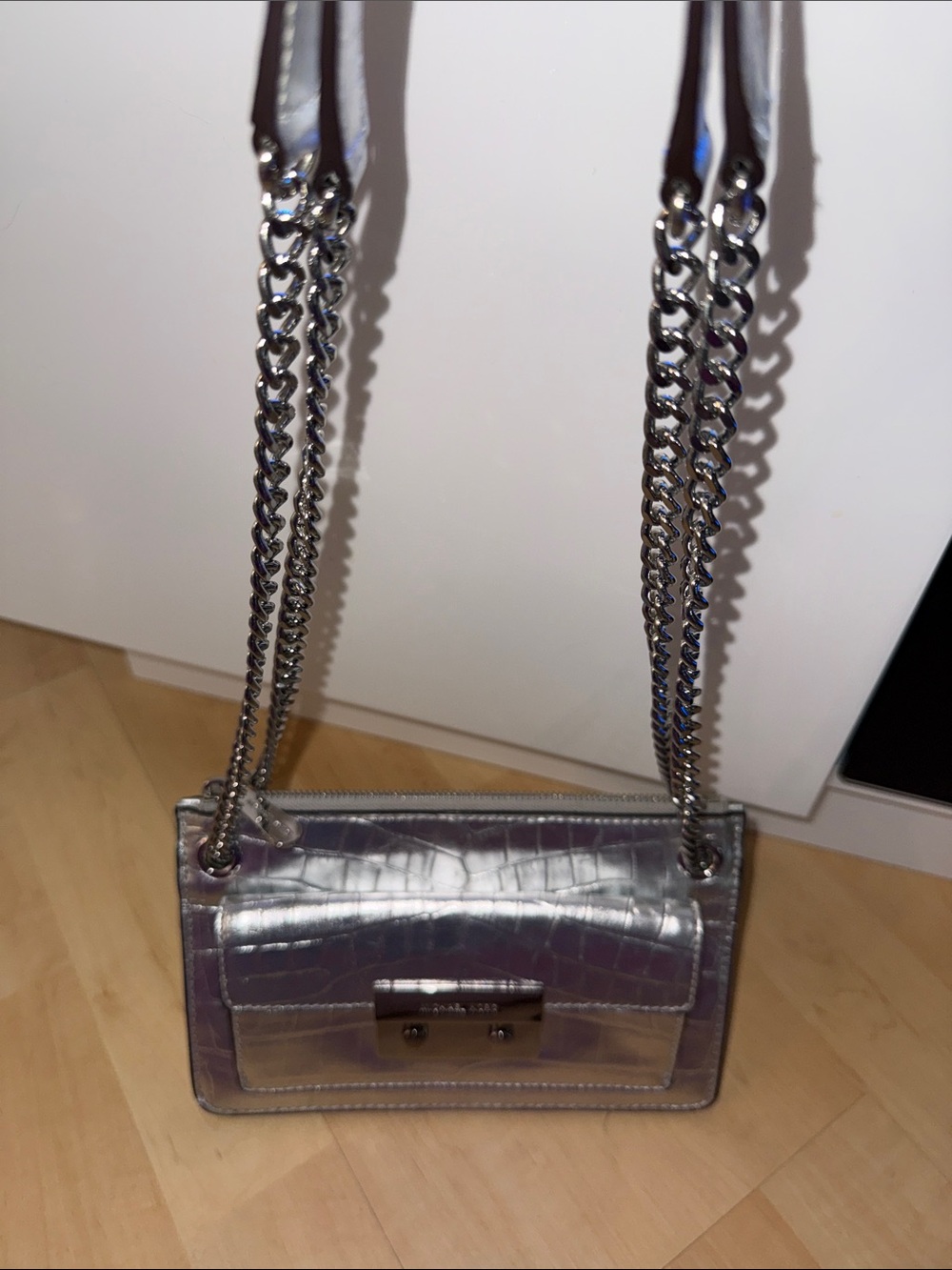 Michael Kors Sloan Editor Metallic Silver Croc-Embossed Chain Shoulder/Crossbody - Picture 5 of 6